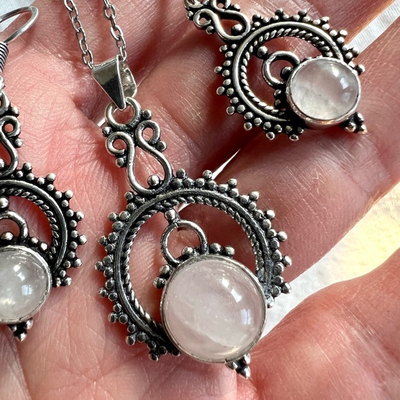 925 Ornamental Rose Quartz Earrings + Necklace SET - Picture 7 of 10